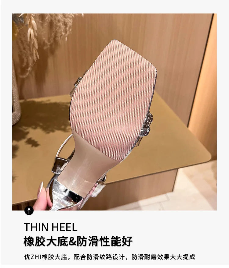Summer One-word Rhinestone Square Head Sandals Women's Stiletto Open-toed Crystal Gemstone High Heels
