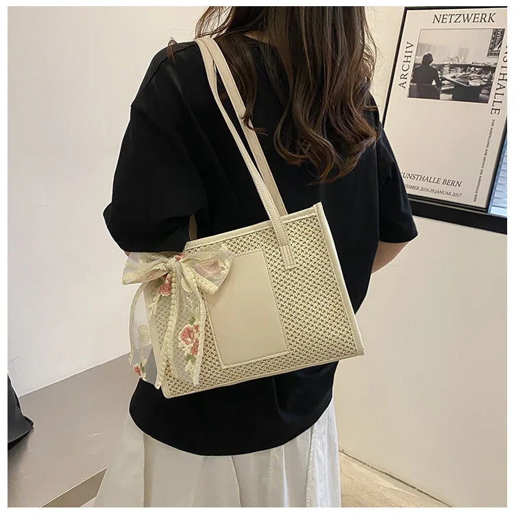 Trendy Lightweight Casual Bow Decor Straw Bag Hollow Out Knitted Flower Tote Bag Large Capacity Shoulder Bag For Teen Girl Women