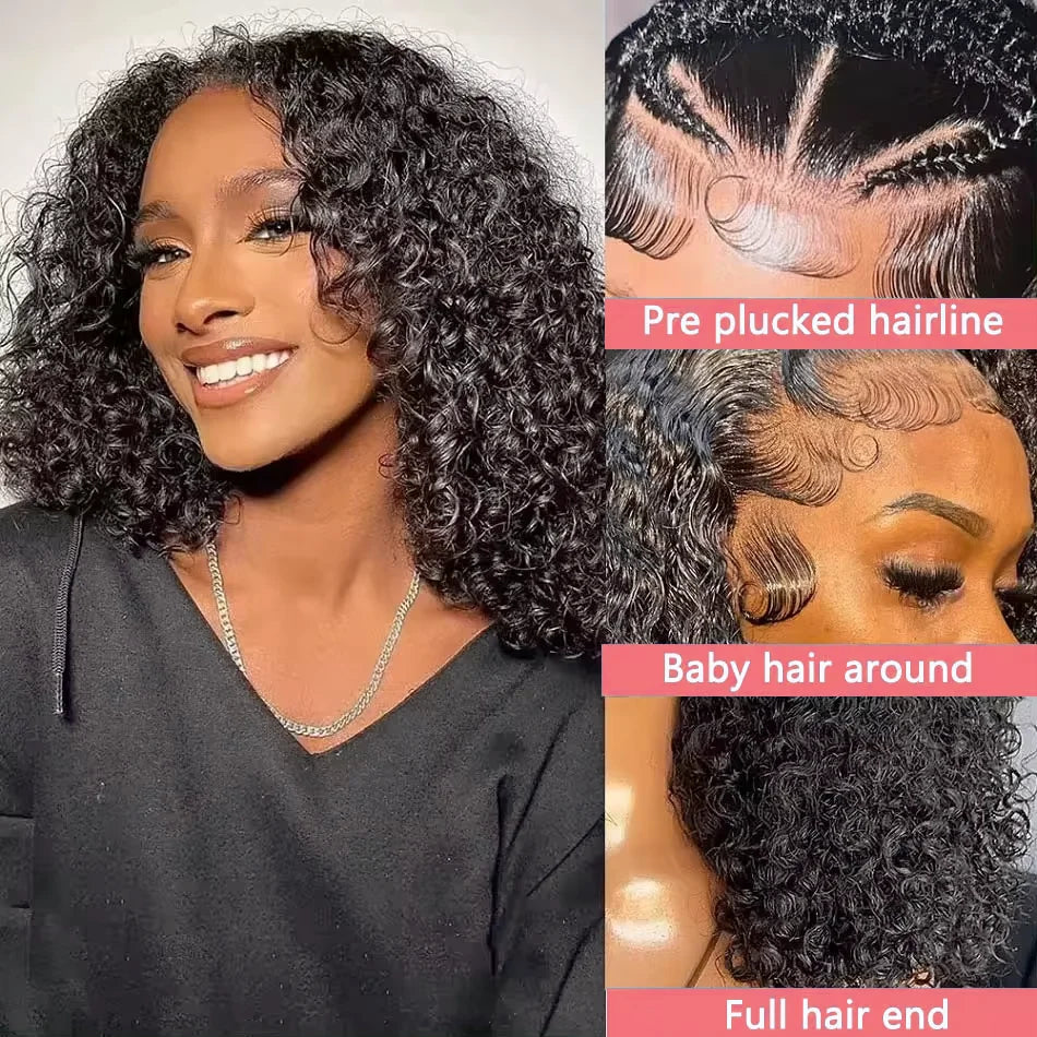 200% Density  Bob Wigs Short Pixie Cut Water Wave Wigs Human Hair Natural Black Brazilian Deep Curly Wigs For Black Woman  ﻿
