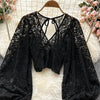 Autumn Black/White/Brown Sexy Lace Blouse Women Elegant V-Neck Puff Long Sleeve Open Back Short Tops Female Party Blusas 2021