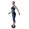 HLJ&GG Blue Fashion Denim Halter Two Piece Sets Women Sleeveless Backless Slim Crop Top And Skinny Jean Pants Outfits Streetwear