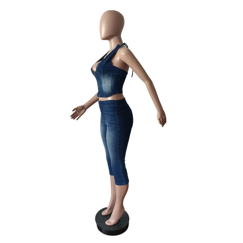 HLJ&GG Blue Fashion Denim Halter Two Piece Sets Women Sleeveless Backless Slim Crop Top And Skinny Jean Pants Outfits Streetwear