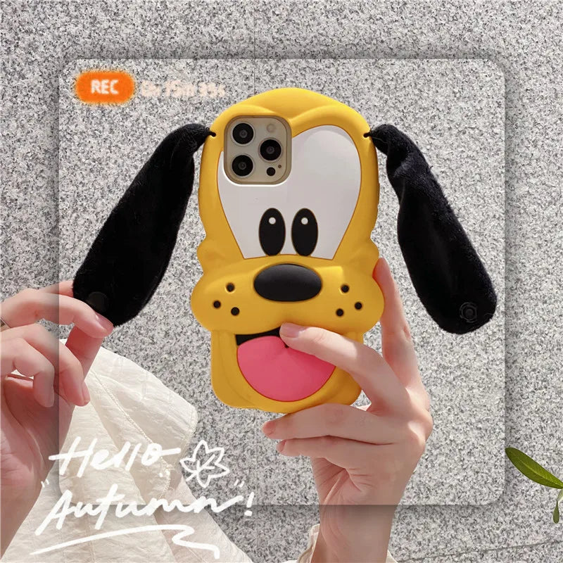 Disney Pluto Pup Plush Ears Phone Case For iPhone 11 12 13 14 15 Pro Max 15Pro 14Pro 13Pro 3D Soft silicone Dog Cover