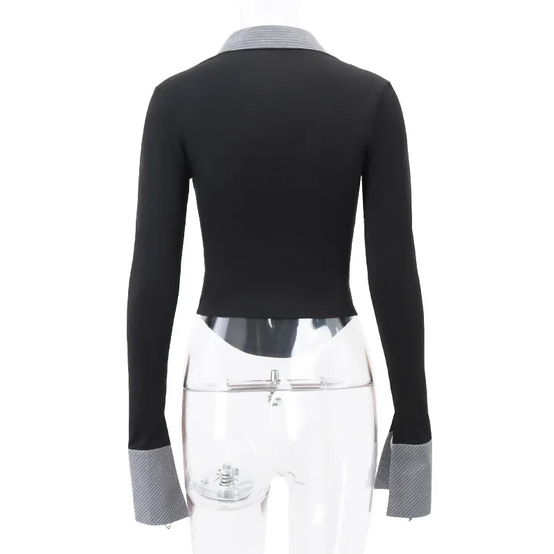 HLJ&GG Fashion Stripe Patchwork Two Piece Sets For Women Preppy Style Polo-neck Button Slim Shirts + Pleated Mini Skirts Outfits
