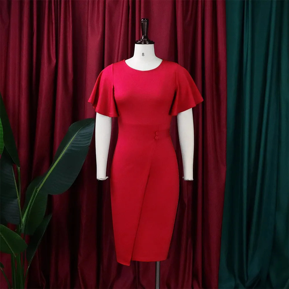 Dress Women Mid Length Dresses Green Slim Ruffles Bodycon Round Neck Short Sleeve Sexy Elegant Party High Waist Vestidos