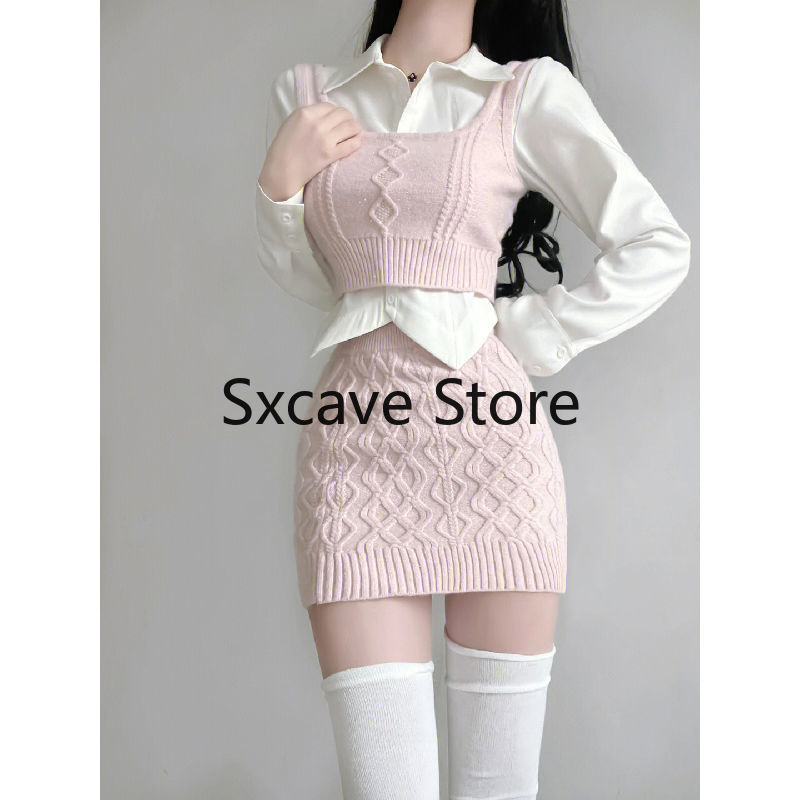 Spring Elegant Vintage Knitted Suits Women Even Party Clothing Korean 3 Piece Dress Set Office Lady Sweater Vest + Mini Skirt