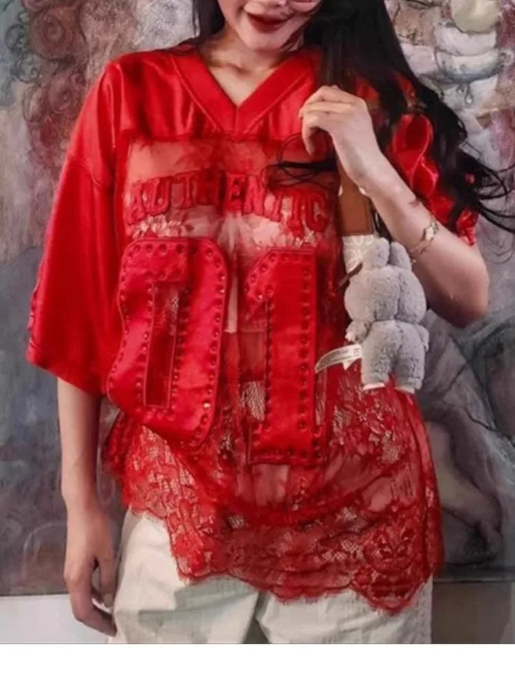 Letter Print T-Shirts Top Women 2025 Spring Summer V-Neck See Through Backless Loose Short Sleeve Y2K Sexy Trend Streetwear Tops