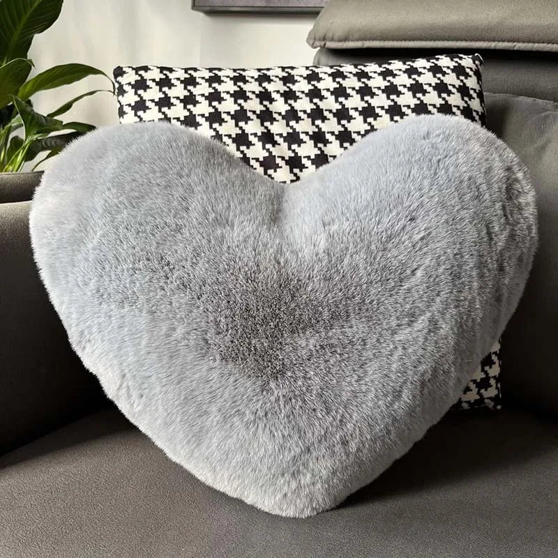 Faux Rabbit Fur Heart Pillow Decorative Pillows Plush Love Heart Shaped Fluffy Throw Pillow Cushion Valentine's Day Gifts 12/17"