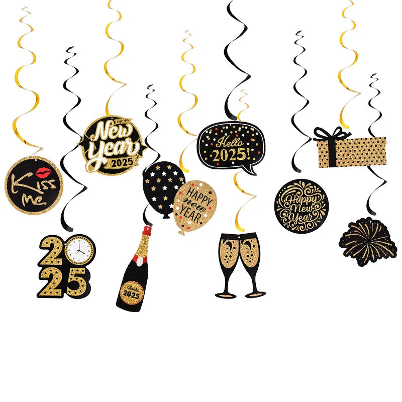 10pcs/set Happy New Year Spiral Hanging Banner Garland Hello 2025 New Year Eve Party Decoration Supplies Photo Booth Props Gift