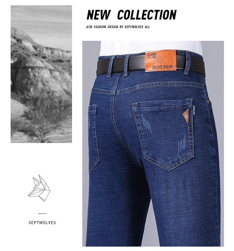 2024 New Business Men's Jeans Casual Straight Stretch Fashion Classic Blue Black Work Denim Trousers Male Brand Clothing
