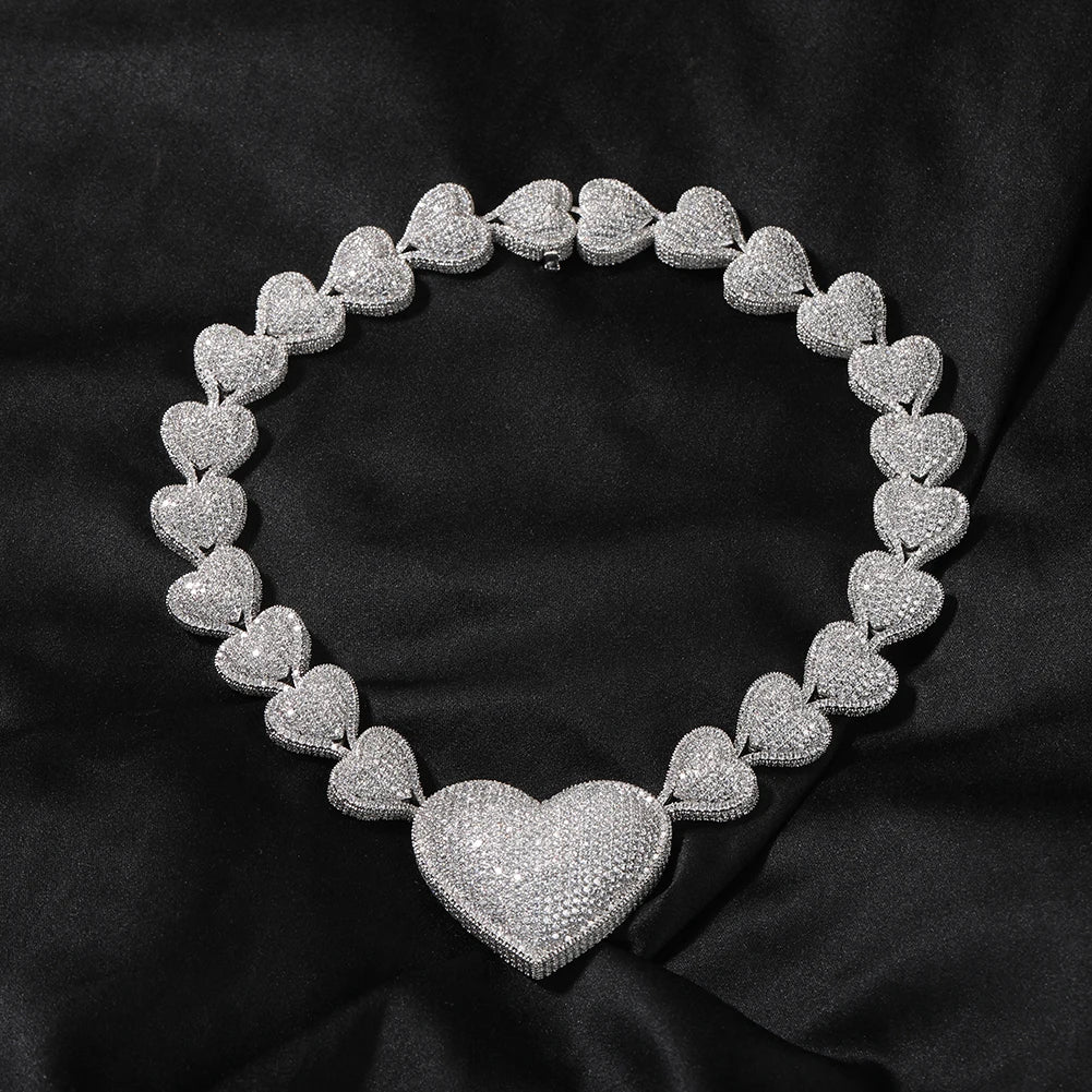 THE BLING KING Iced Out Big Heart Chain Collar Y2K 17mm Choker For Women Girl Micro Paved 5A Cubic Zircon Lovely Wedding Jewelry