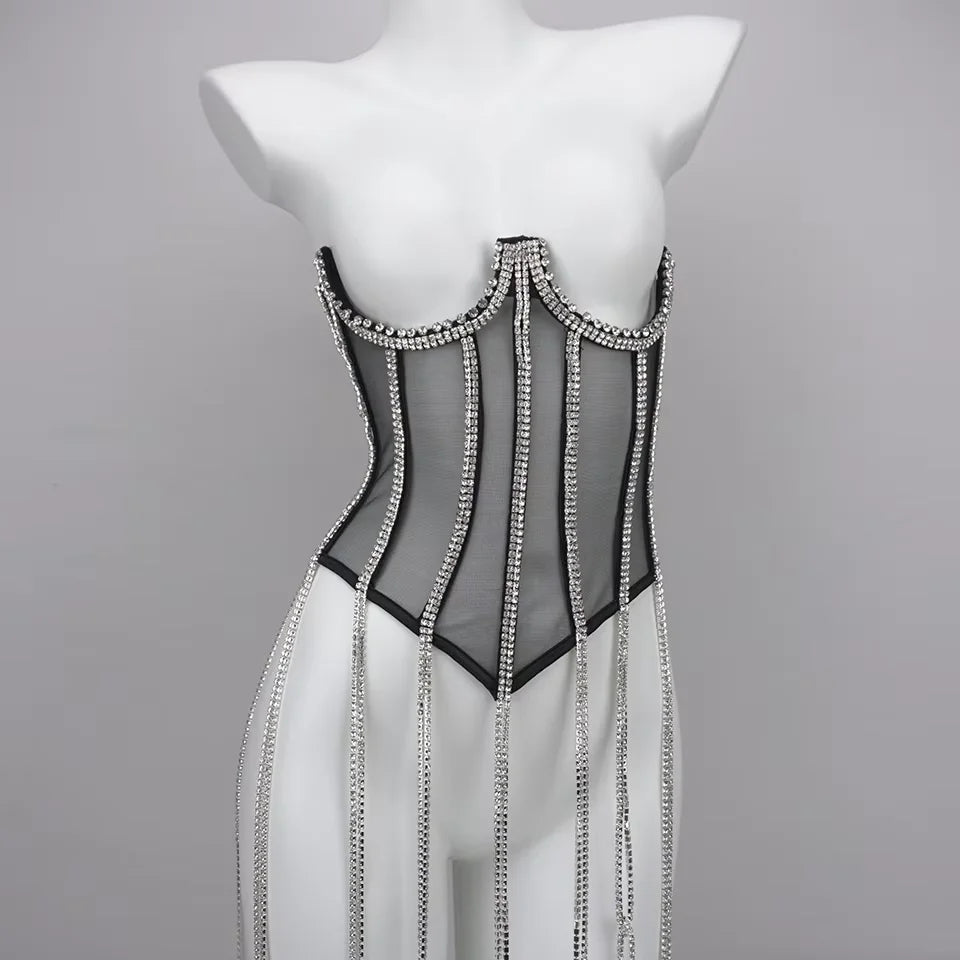 Women's Evening Corset Rhinestone Lace-up Corset Underbust Mesh Bustier Crop Top Bodices Sexy Lingerie Women Body Shaper
