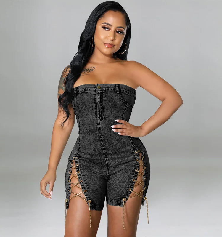 Rompers Women One Piece Elegant Splice Denim Jumpsuits Sexy Slim Fit Strapless Sleeveless Short Pants Sheath Playsuits
