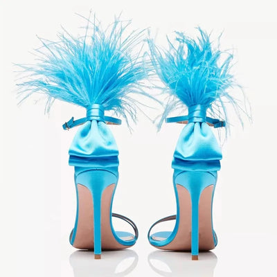 Summer new feather flower silk ribbon sexy open-toe sandals thin high-heeled banquet dress fashionable large-size women's shoes