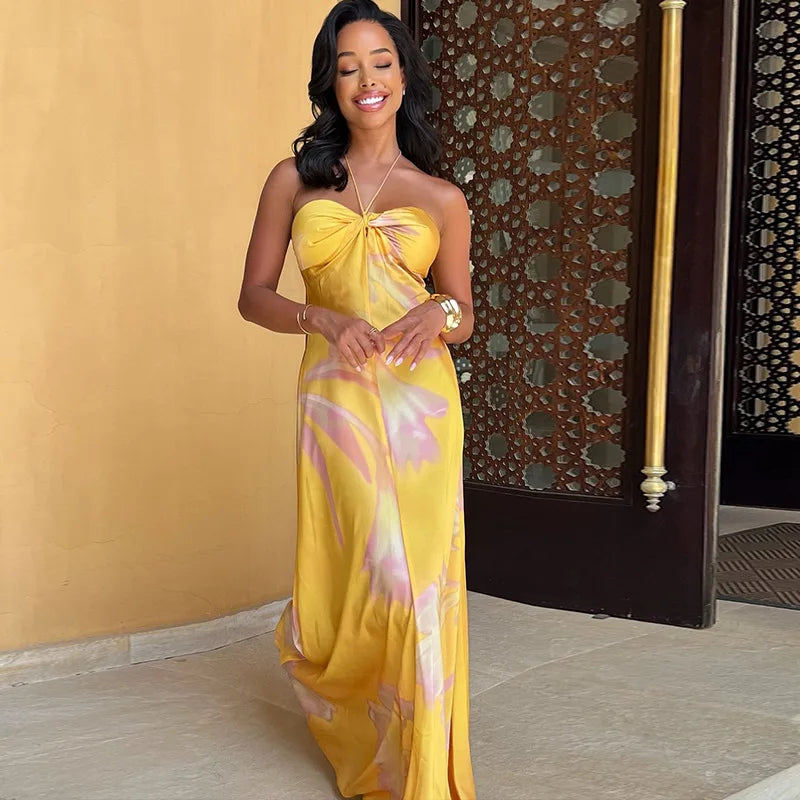 Women's Floral Print Sexy Halterneck Strappy Strapless Backless Slim Long Dress 2024 Summer Holiday Beach Loose Evening Vestidos