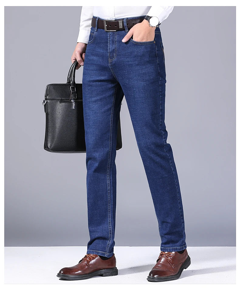 2024 New Business Men's Jeans Casual Straight Stretch Fashion Classic Blue Black Work Denim Trousers Male Brand Clothing