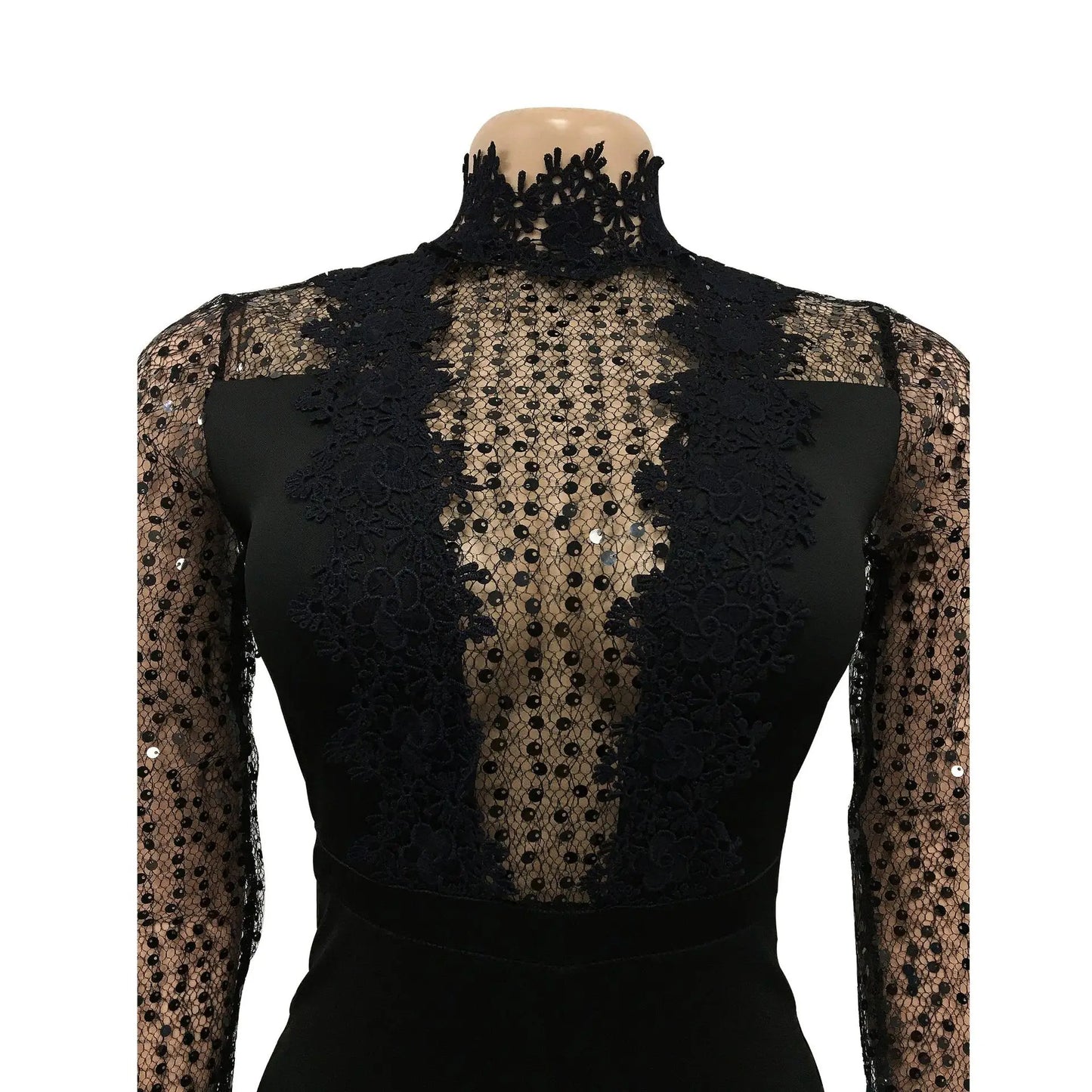 Fashion Women's Clothing Hollow Long-sleeved Loose Wide Leg Jumpsuits Overall Pants Solid Color Sexy Lace