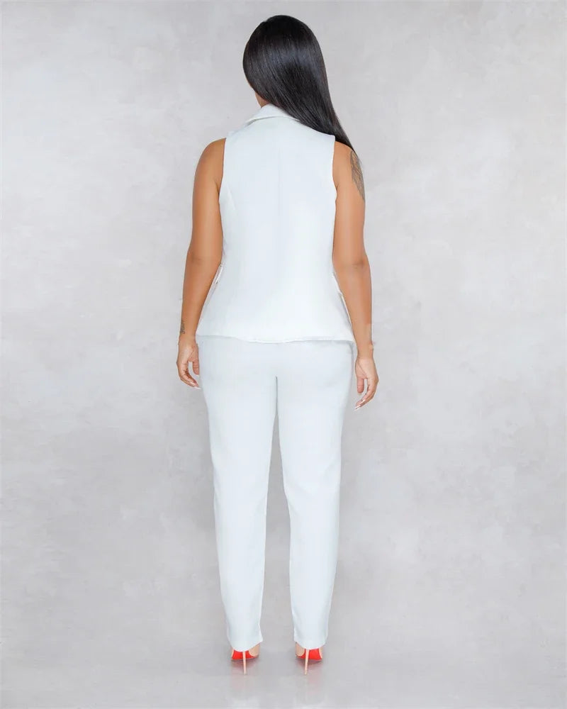Business OL Work Wear Two Piece Pant Suits for Women Set Elegant Sleeveless Blazer Top + Pencil Pants Office Lady Matching Sets