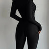 Mozision Deep V Neck Long Sleeve Skinny Jumpsuits Women Rompers Elegant Black High Waist Ruched Slim Sexy Jumpsuit Outfits