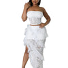 Sexy Two 2 Piece Sets Night Club Outfits for Women White Lace See Through Sleeveless Strapless Top and Ruffles Long Skirts Suit