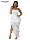 Sexy Two 2 Piece Sets Night Club Outfits for Women White Lace See Through Sleeveless Strapless Top and Ruffles Long Skirts Suit