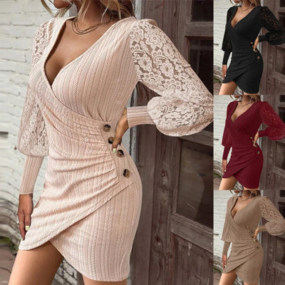 Elegant Women's Lace Stitching Mini Dress Spring Autumn Fashion Sexy V-neck Slim Long-sleeved Party Dresses  Female Clothing