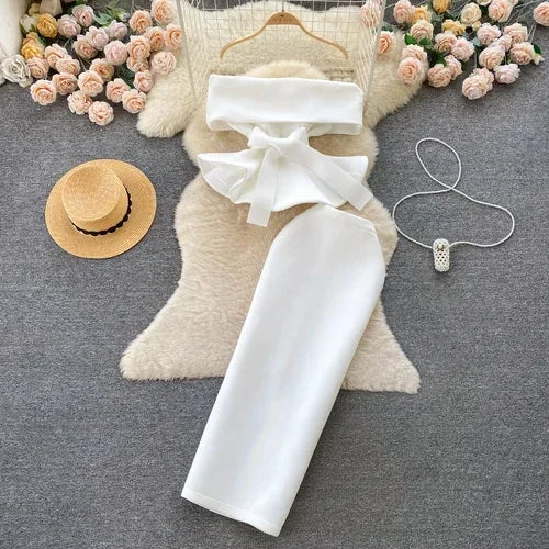 Women Vintage Two Pieces Skirt Sets Women Long Sleeve Sexy Slash Neck Bandage Ruffle Blouse Top and High Waist  Hip Wrap Skirt