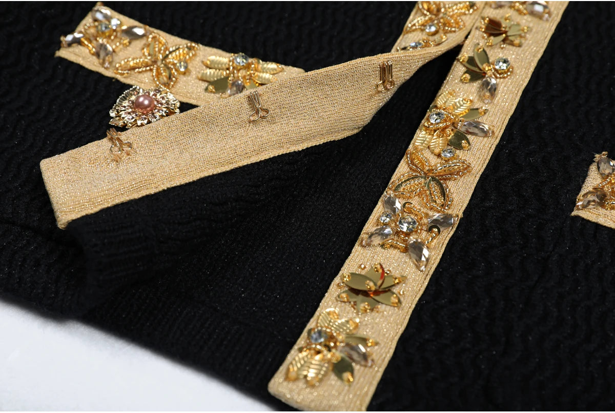 High Quality New Fashionable Elastic Knitted V-neck Luxurious Exquisite Nail Bead Piece Cardigan Slim Fit Short Skirt Women Set