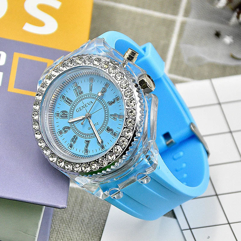 Luminous Quartz Watch for Women Personality Rhinestone Led Fashion Geneva Male and Female Students Couple Jelly Wrist Watches