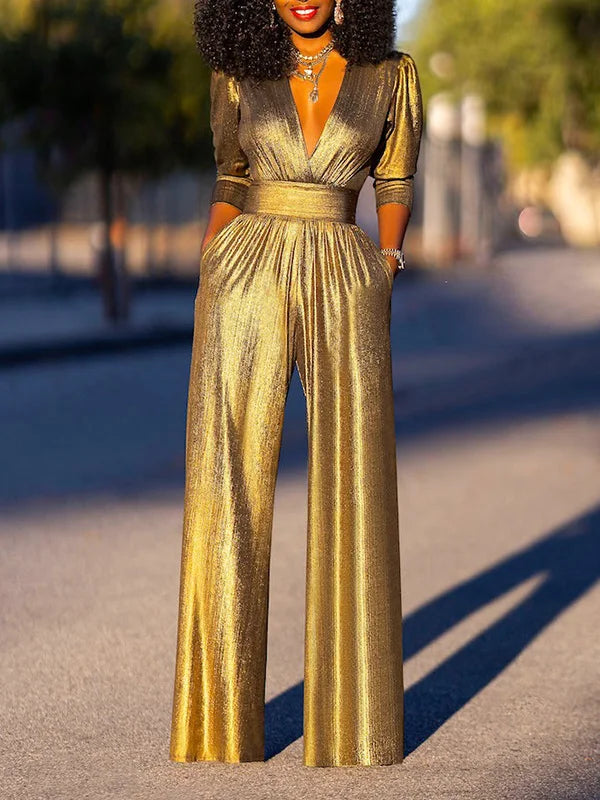 Bonboho Women's Solid Color Jumpsuit Deep V-neck Three-Quarter Sleeves High Waist Wide Leg Oe-piece Suit Summer Casual Jumpsuits