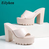 Eilyken Summer Fashion Women's Slippers Banquet Nightclub Platform Chunky High Heels Slide Mule Shoes Green White Sandals