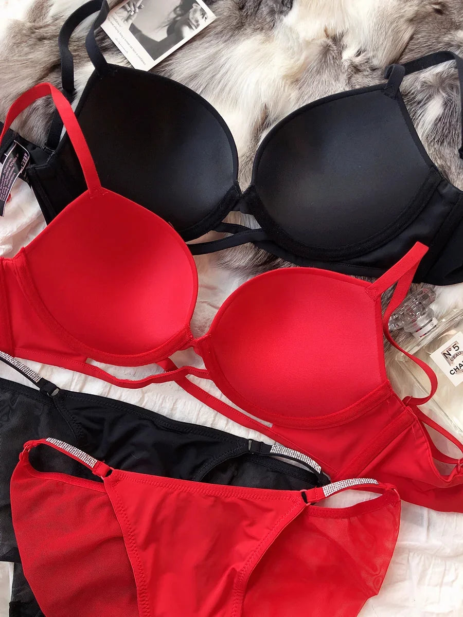 2 Pieces Sexy Underwear Set for Women Classic Cross Hollow Bra Sparkle Rhinestones Lingerie Deep V Push Up Brassiere Set
