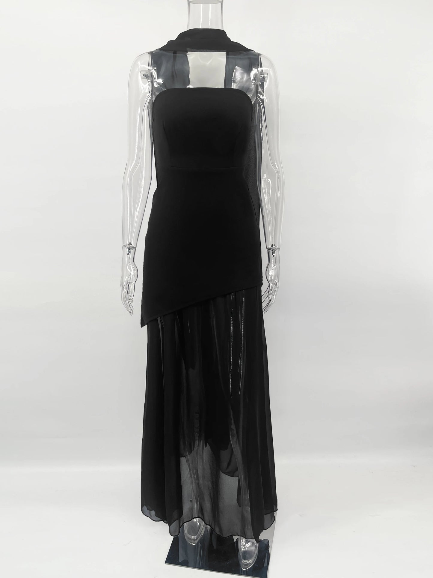 TARUXY Fashion Strapless Dress With Ribbon Female Elegant Sleeveless Mesh Beach Vacation Long Dress 2025 Spring New Women Dress
