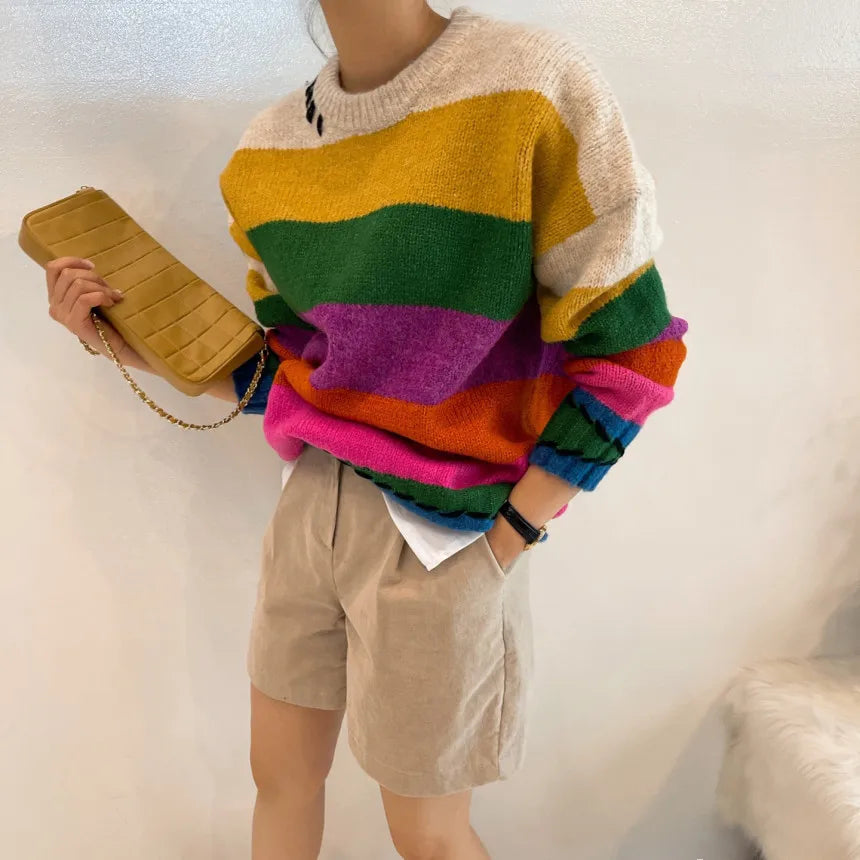 Chic Vintage Contrast Oversized Sueter Fairy Grunge Pullover O Neck Rainbow Sweaters Winter Striped Knitting Sweater Women