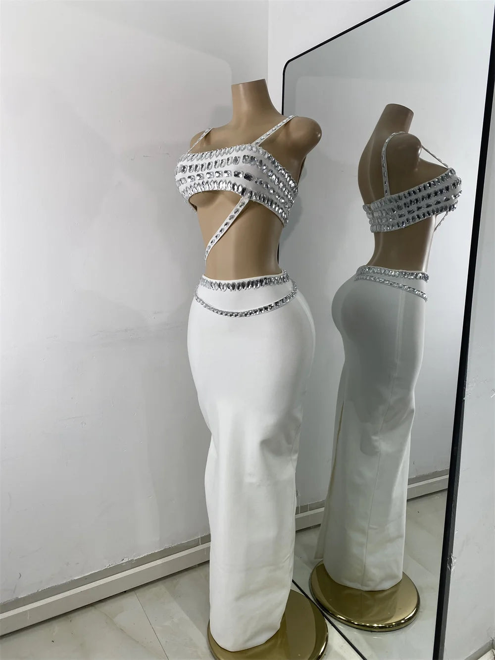 Luxury Crystal Diamonds Top Skirt Two Pieces Women's Bandage Sets White Black Knitted Celebrity Evening Birthday Party Outfit