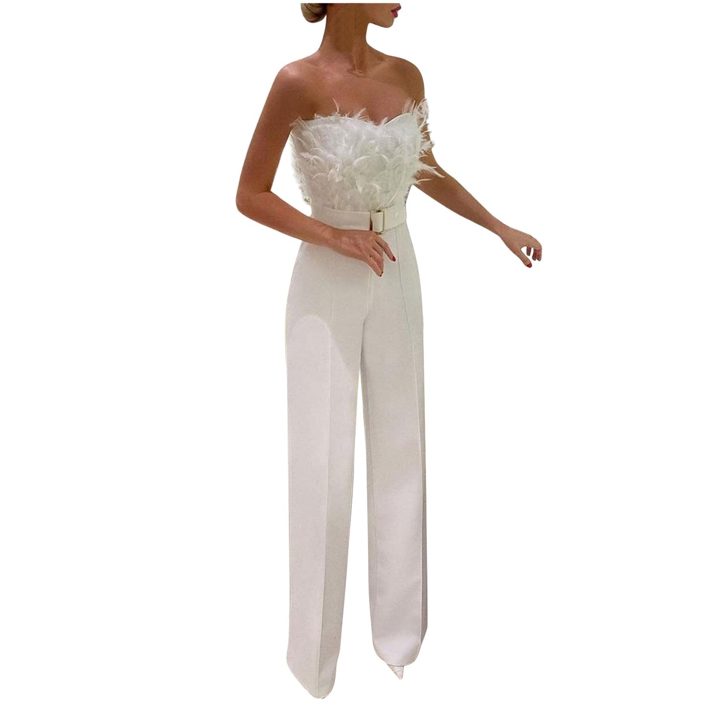 Women Jumpsuit Feather Tube Top Sexy Evening Party Jump Suits Sleeveless High-waisted Straight Playsuits Night Clubwear Overalls