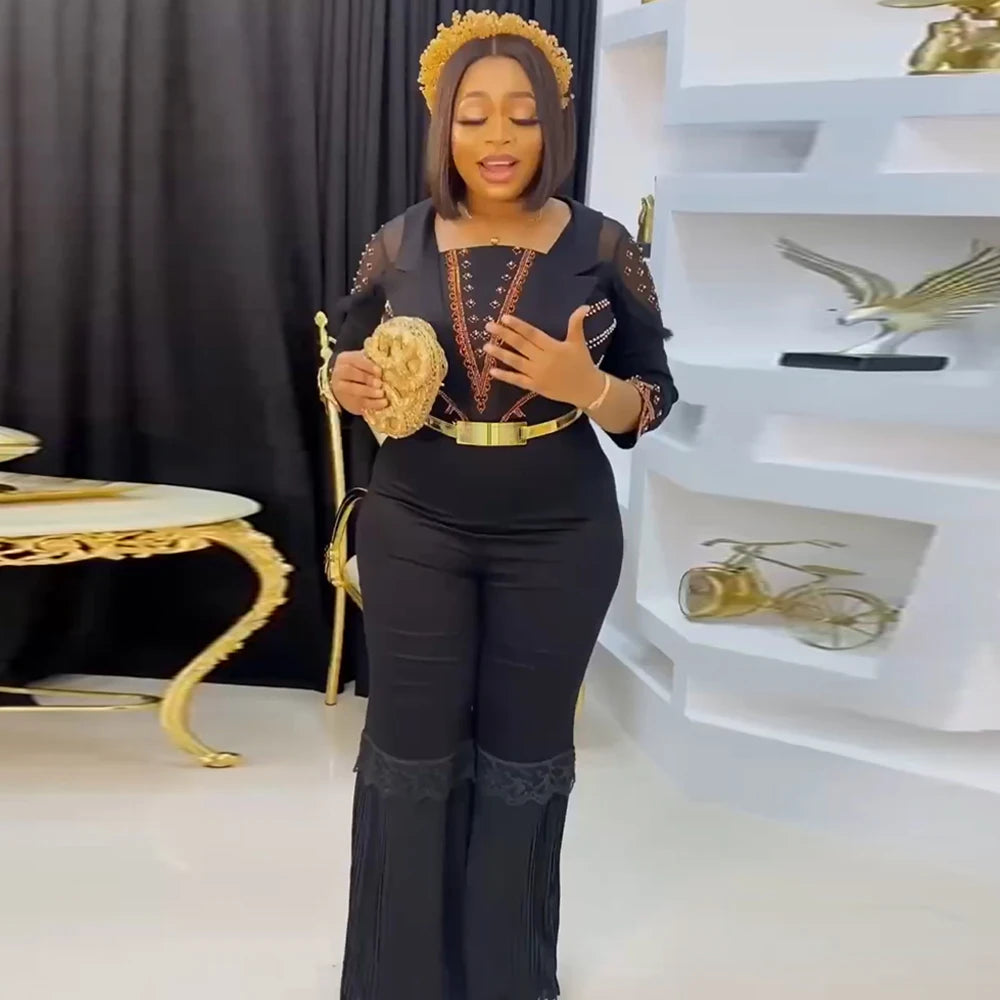 MD New African Women Long Jumpsuit 2023 Spring Summer Wedding Party Rompers Pants Set Dubai Turkey Ladies Dashiki Ankara Outfit