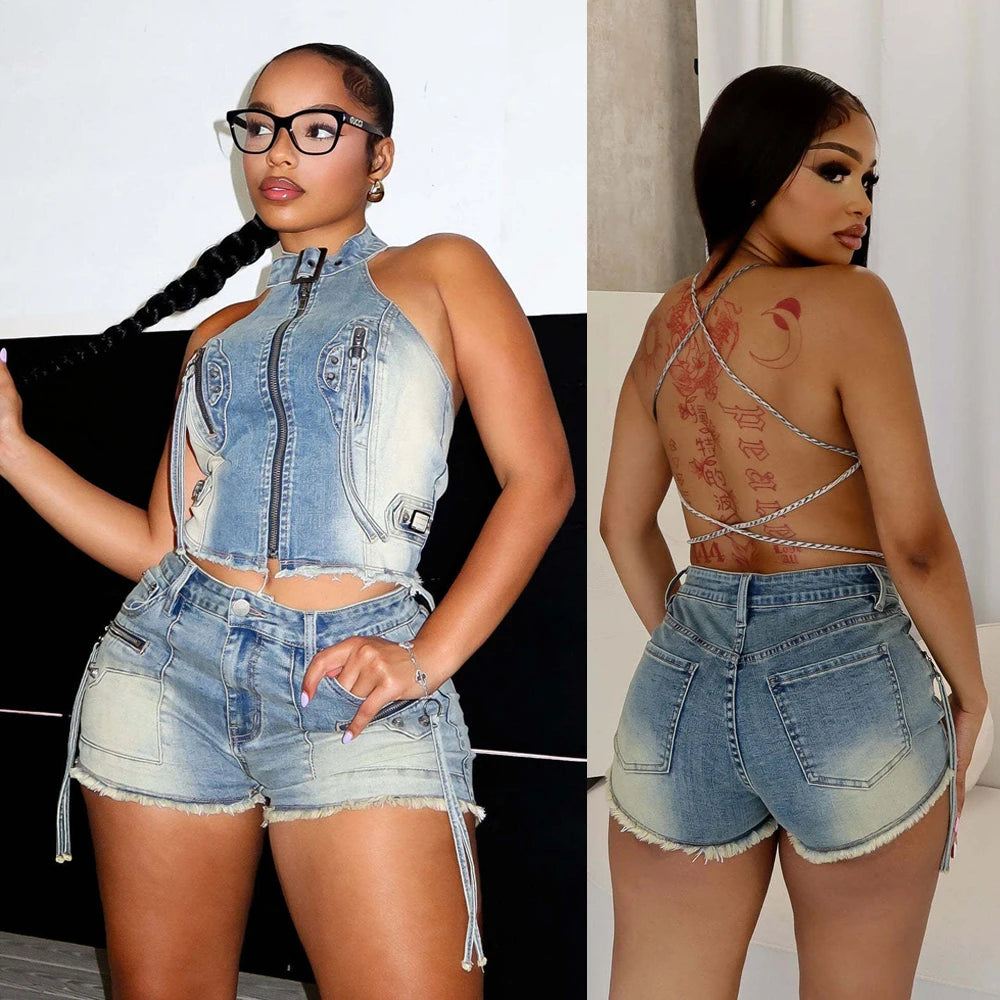 2025 Summer Fashion Denim Woman Sets Y2k Sexy Street Clothes Sleeveless Zipper Tops and Shorts 2 Two Piece Set Jeans Outfit