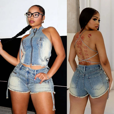 2025 Summer Fashion Denim Woman Sets Y2k Sexy Street Clothes Sleeveless Zipper Tops and Shorts 2 Two Piece Set Jeans Outfit