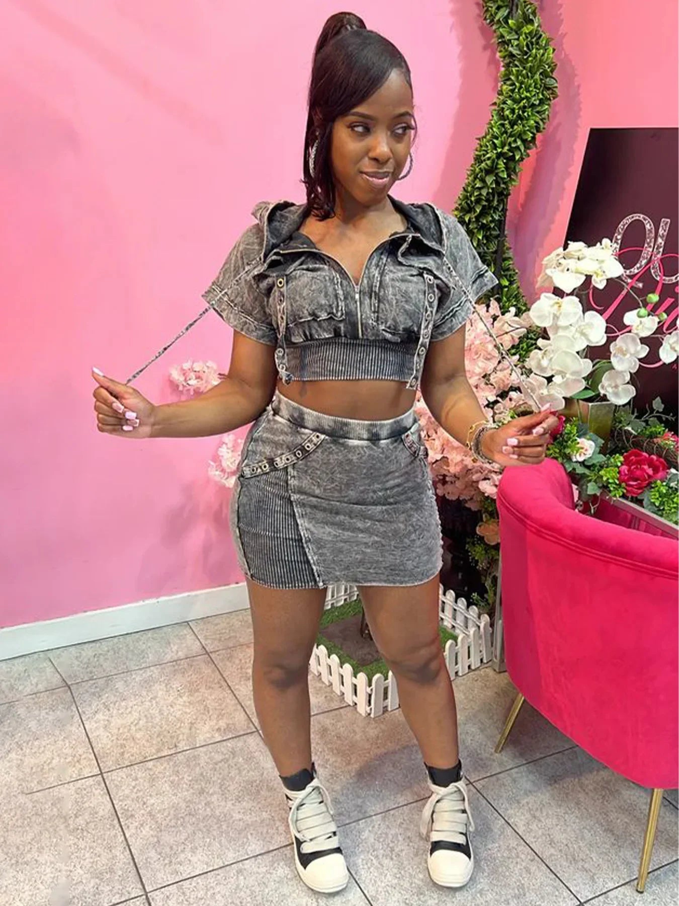 HLJ&GG Fashion Pocket Cargo Hooded Two Piece Sets Women Zip Slim Crop Top And Mini Skirts Outfits Female Washed 2pcs Streetwear
