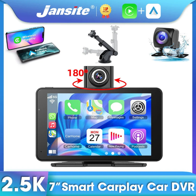 Jansite 7" Car DVR 2.5K Dash cam Wireless Carplay Android Auto Front and Rear Camera Dashboard Driving Recorder Dual Lens Wifi