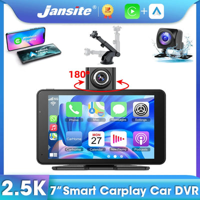 Jansite 7" Car DVR 2.5K Dash cam Wireless Carplay Android Auto Front and Rear Camera Dashboard Driving Recorder Dual Lens Wifi