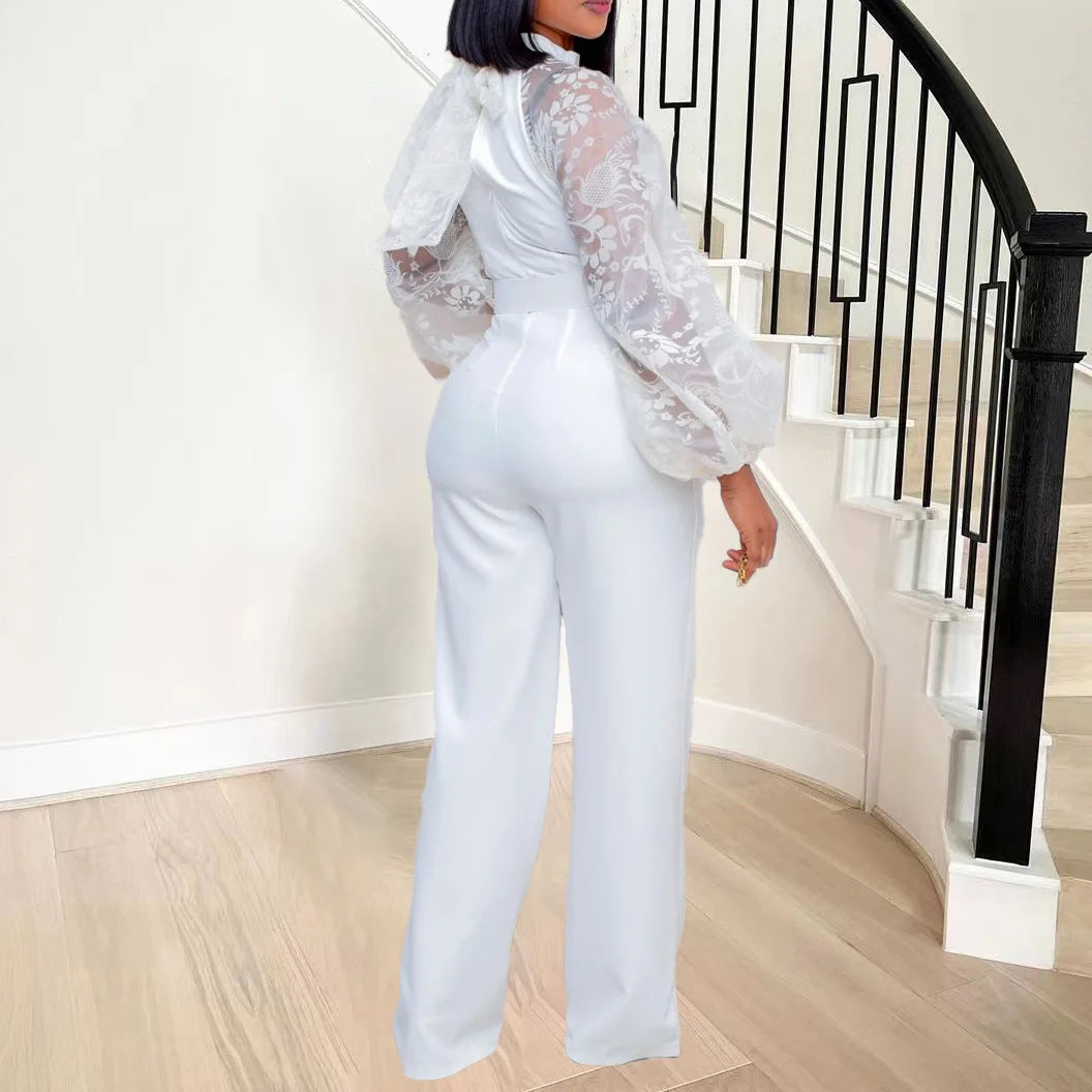 Elegant Jumpsuits & Rompers for Women O Neck Full Sleeve Belt Waisted Straight African Birthday Party Dinner Overalls Clothes OL