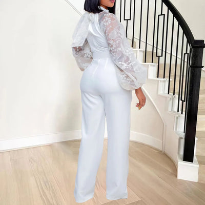 Elegant Jumpsuits & Rompers for Women O Neck Full Sleeve Belt Waisted Straight African Birthday Party Dinner Overalls Clothes OL