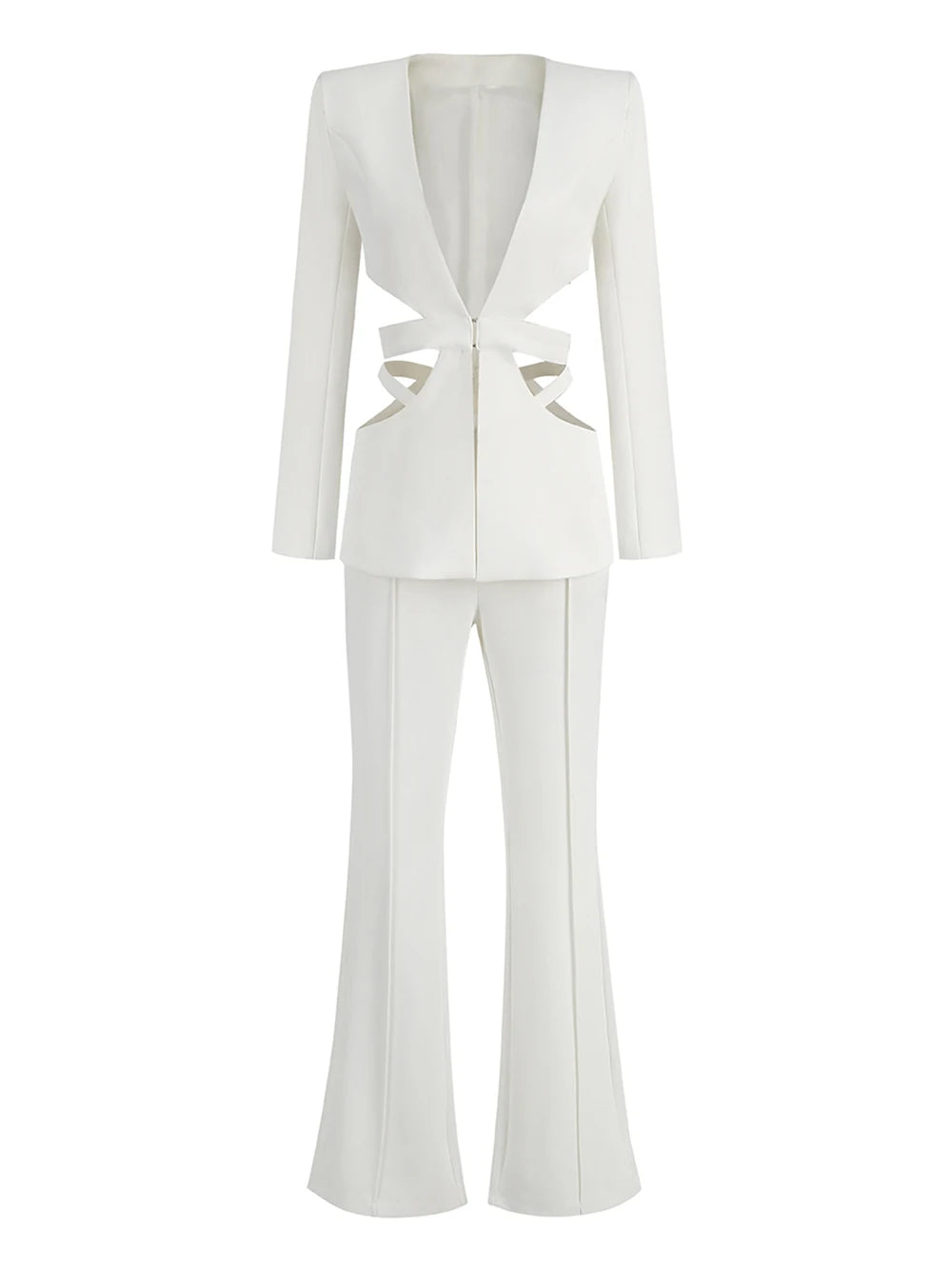 Modphy Red Sexy V-neck Long Sleeve Jacket+High Waist Flare Pants Blazer Set Women'S 2025 New Hollow Out Designer Two-Piece Set