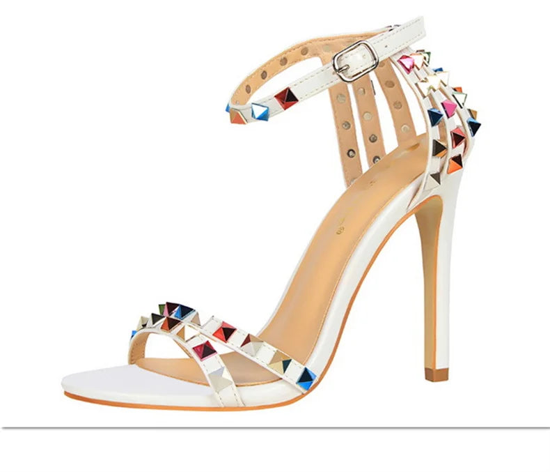 Summer Women Roman High Heels Rivets Studded Sandals Stiletto Gladiator Pumps Open Toe Luxury Shoes Hollow One-word Buckle 267-2