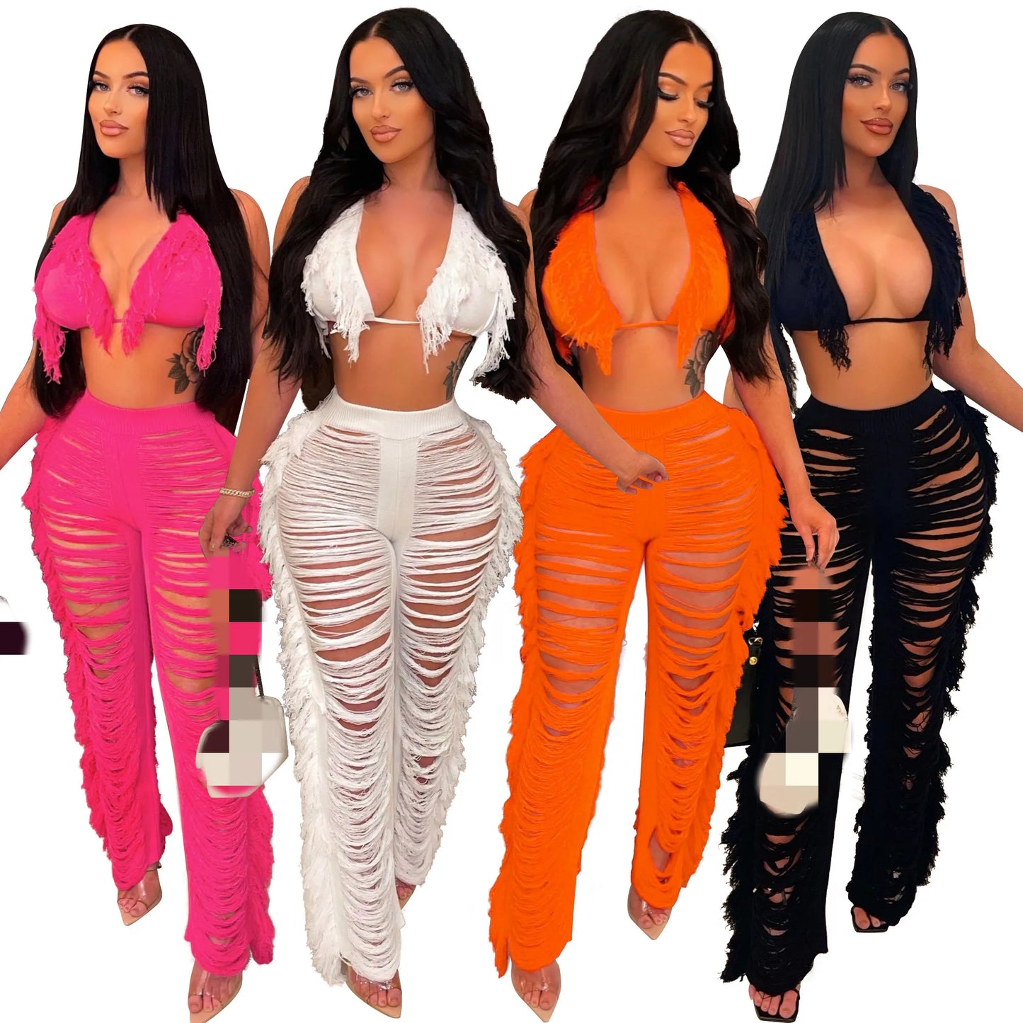 RT Sexy Women Crochet Set Two Pieces Set Halter Backless Top Pants Tassels Knitted 2 Pieces Set Hollow Out Crocheted Beach Set
