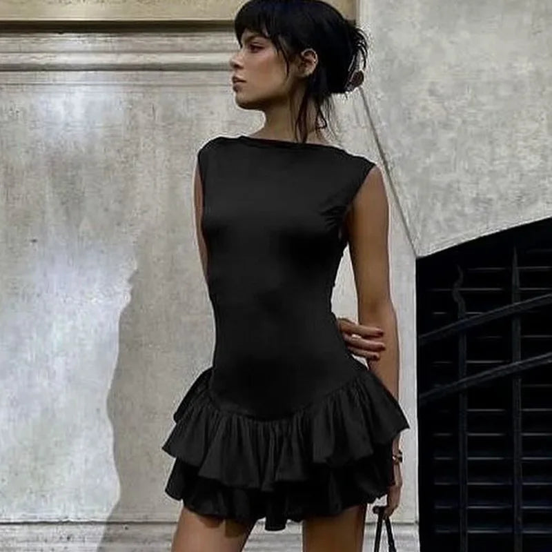 Women's Solid Pleated Short Dress Sleeveless O-neck Fashion Elegant Simple Mini Bodycon Dresses Slim Street Casual Party Holiday