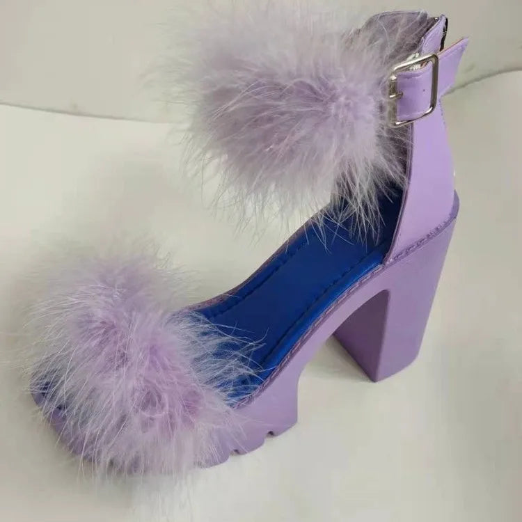 New Women's Summer Sandals Coarse-heeled Fur Rubber Sandals Shoes Women Platform Heels Mary Janes Shoes High Heels Leather Shoes