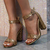 Liyke 2025 New Fashion Glitter Sequined Ankle Strap Square High Heels Gladiator Sandals Women Summer Open Toe Wedding Prom Shoes